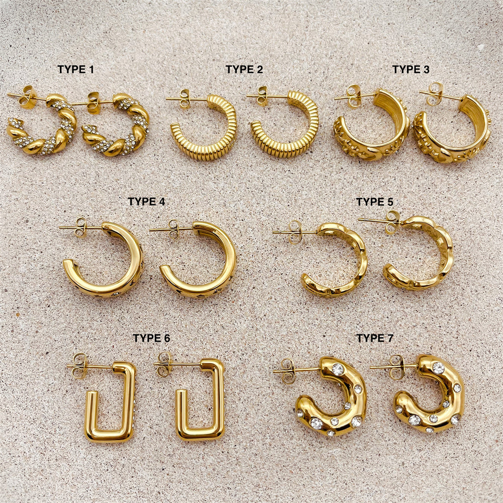 Multi Types C-Shaped Twisted Striped Zirconia 316L Steel Gold Stud Earrings