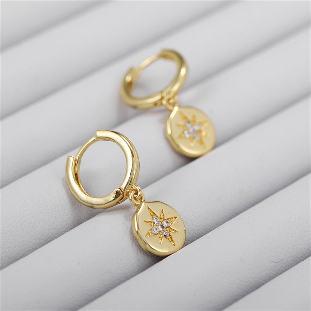 Dainty Geometric Round Starburst Charm 5A Zirconia 925 Silver Huggie Hoop Earrings