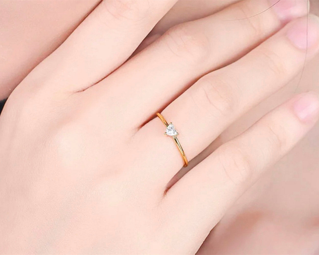 Female Minimalist Slender 925 Sterling Silver Zirconia Heart Thin Ring