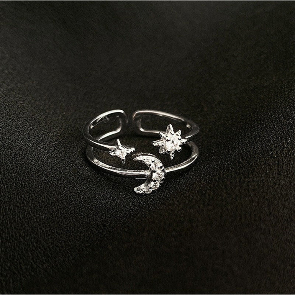 Double Layer Moon and Star Adjustable Zircon S925 Silver Fine Jewelry Ring