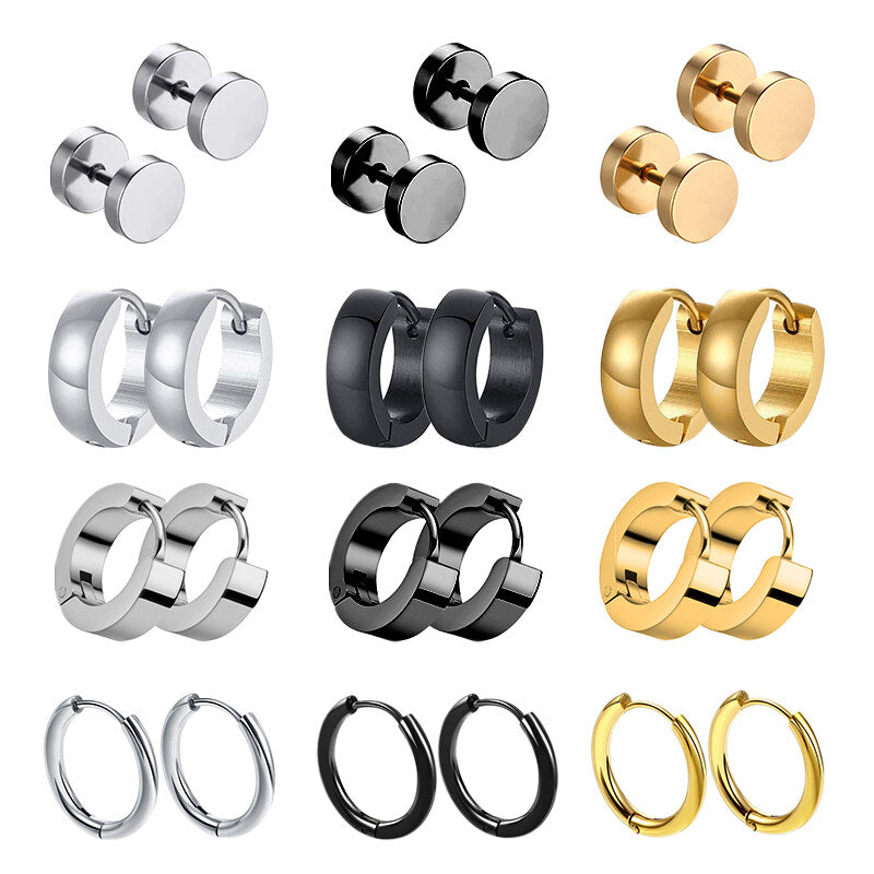 12pairs Unisex Punk 316L Stainless Steel Multi Colors Huggie Earrings