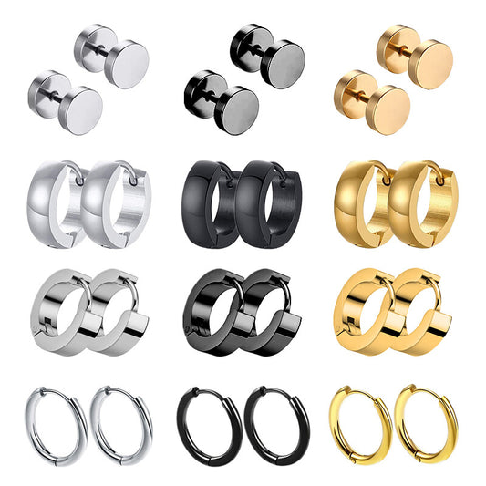12pairs Unisex Punk 316L Stainless Steel Multi Colors Huggie Earrings
