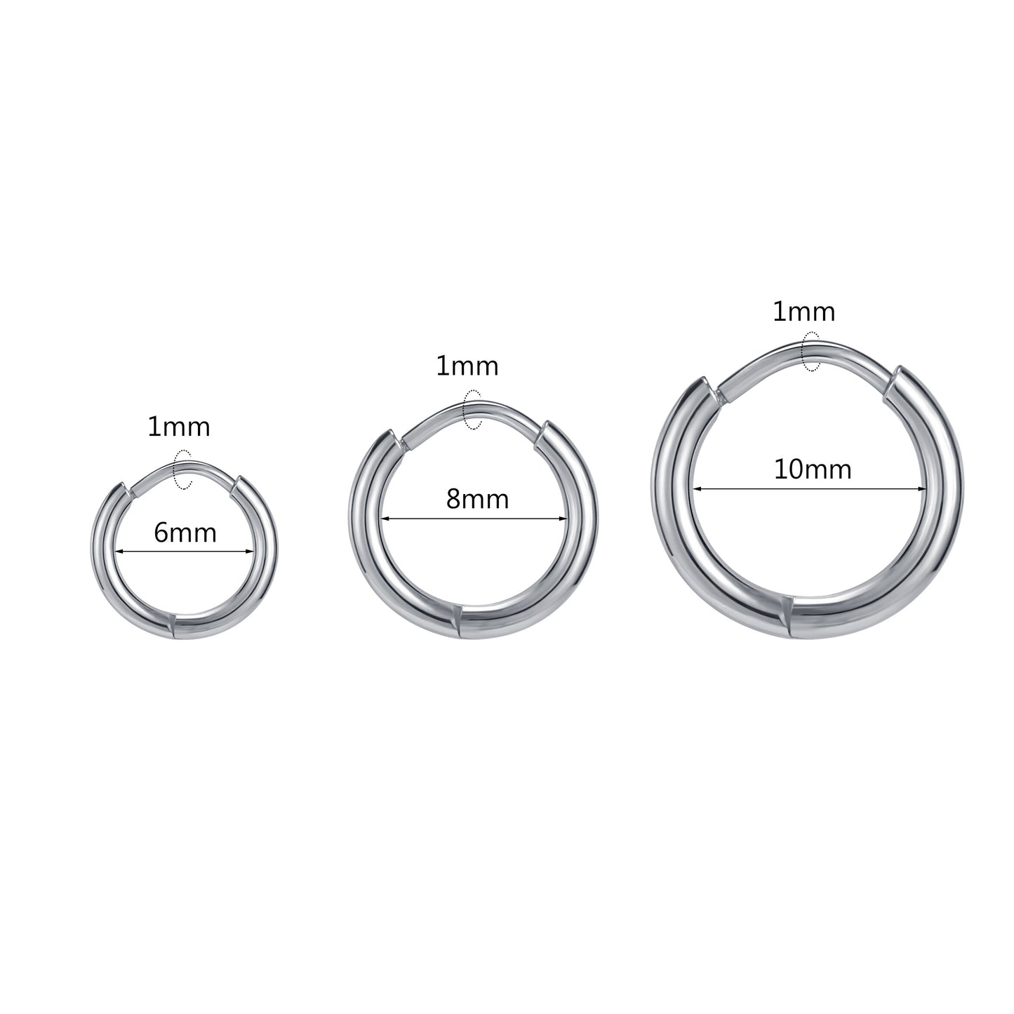 1 Pair 6mm 8mm 10mm Dia Circle 4 Colors Unisex Stainless Steel Hoop Huggie Earrings