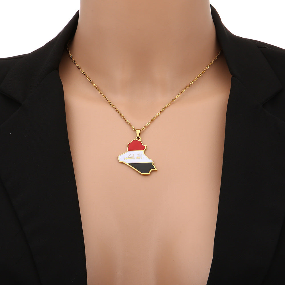Gold Plated Stainless Steel Republic of Iraq Map Pendant Necklace