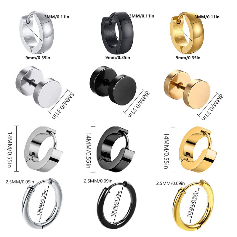 12pairs Unisex Punk 316L Stainless Steel Multi Colors Huggie Earrings