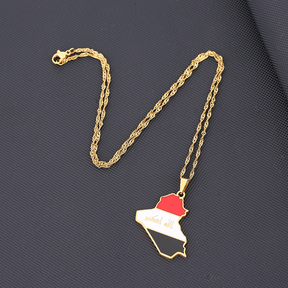 Gold Plated Stainless Steel Republic of Iraq Map Pendant Necklace