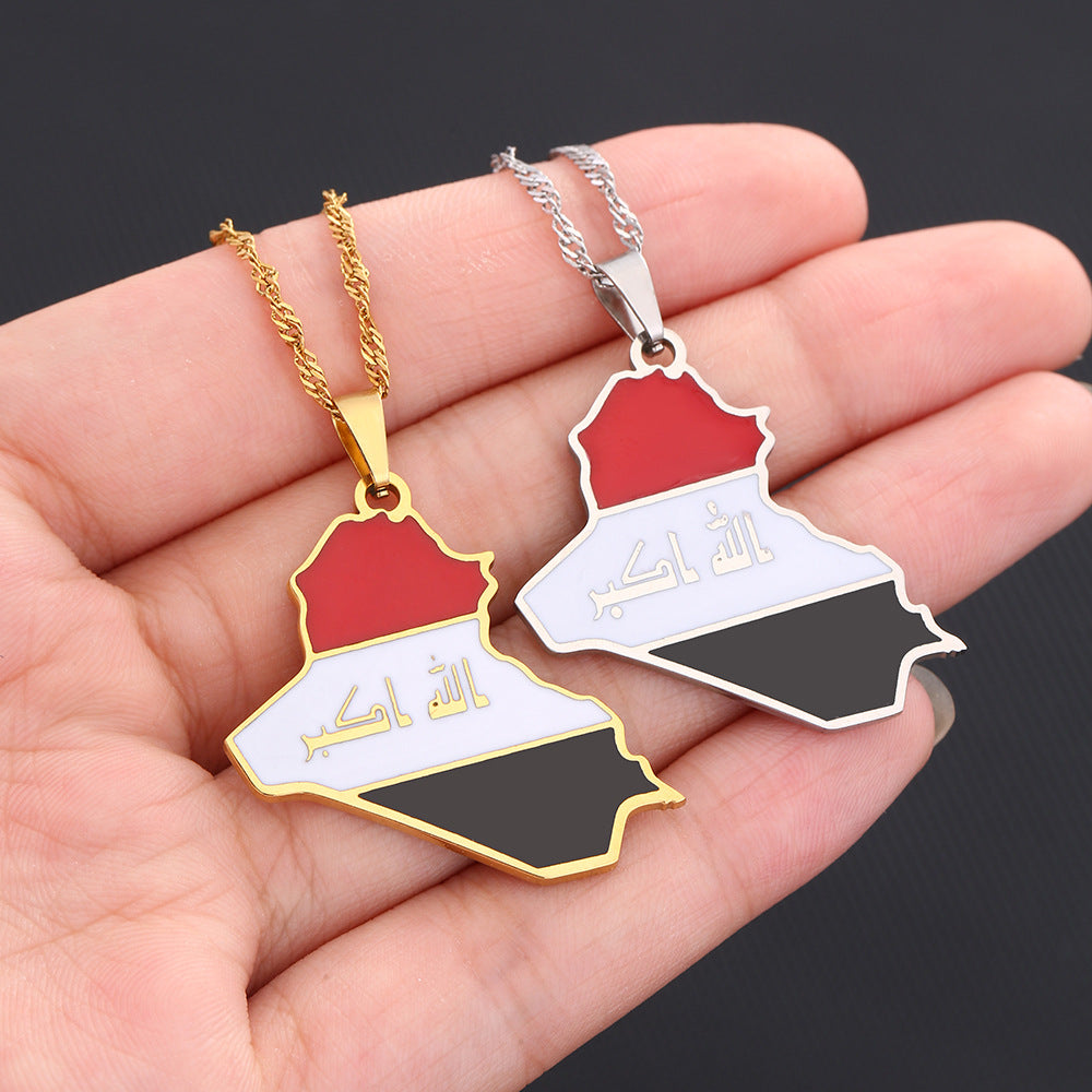 Gold Plated Stainless Steel Republic of Iraq Map Pendant Necklace