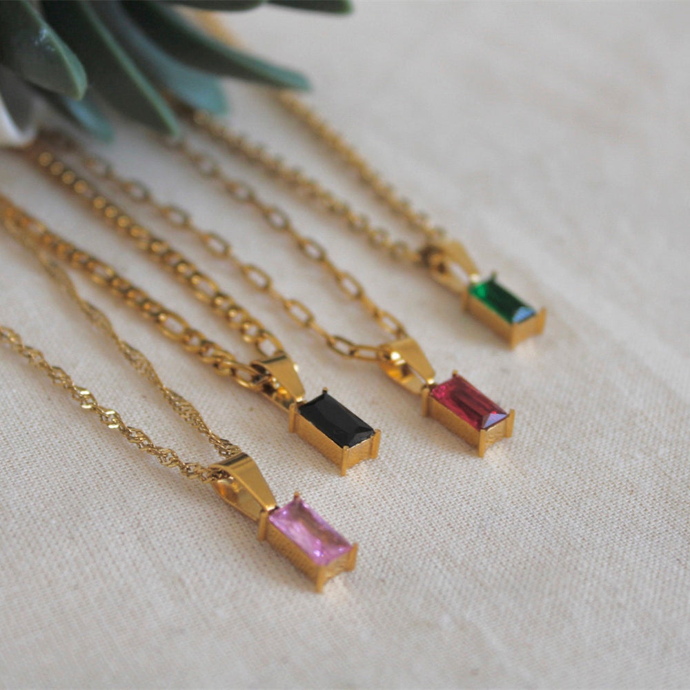 18K Gold Plated Waterproof Stainless Steel Zircon Gemstone Charm Necklace