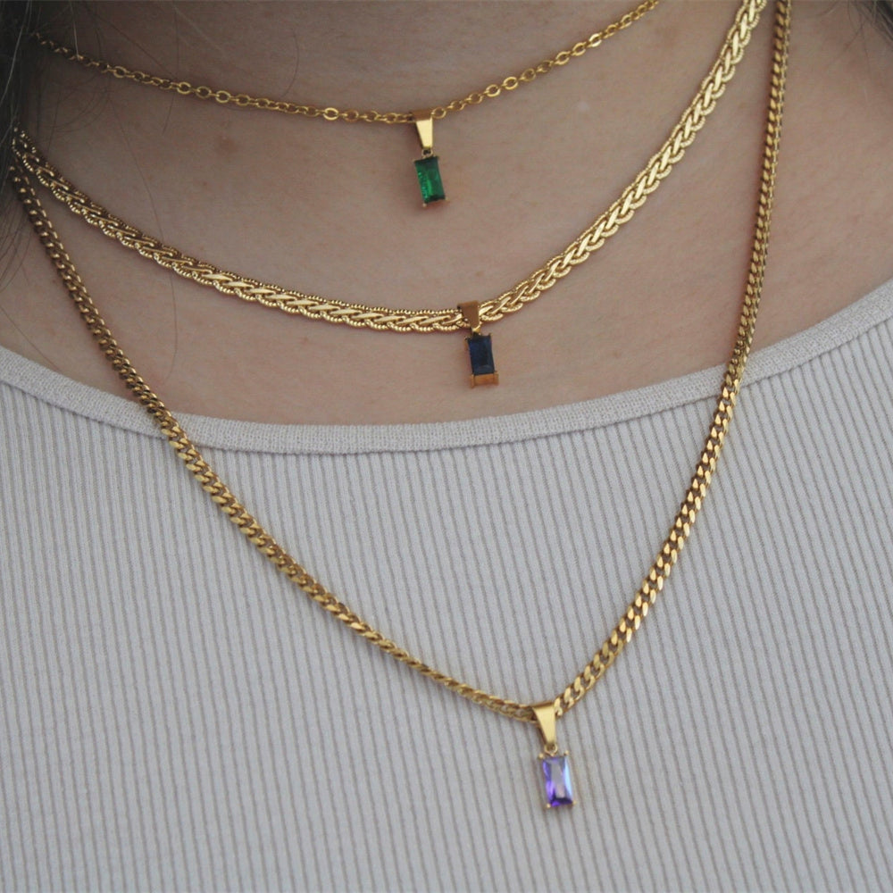 18K Gold Plated Waterproof Stainless Steel Zircon Gemstone Charm Necklace