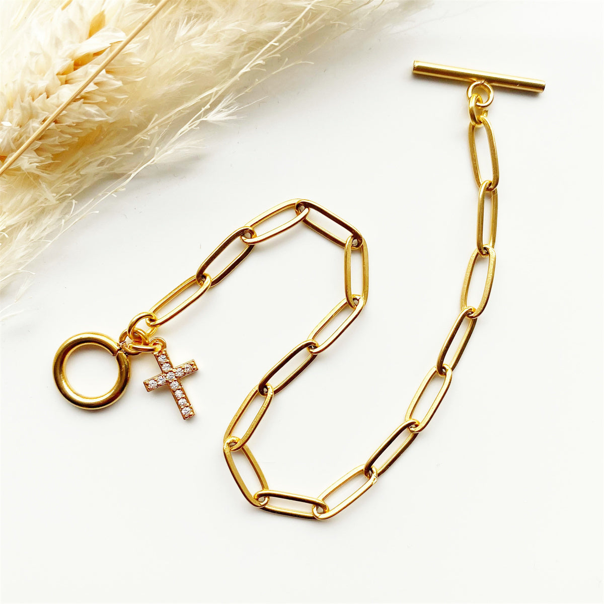 Ladies Minimalist Gemstone Cross Charm 316L Steel Gold Link Chain T-Bar Bracelet