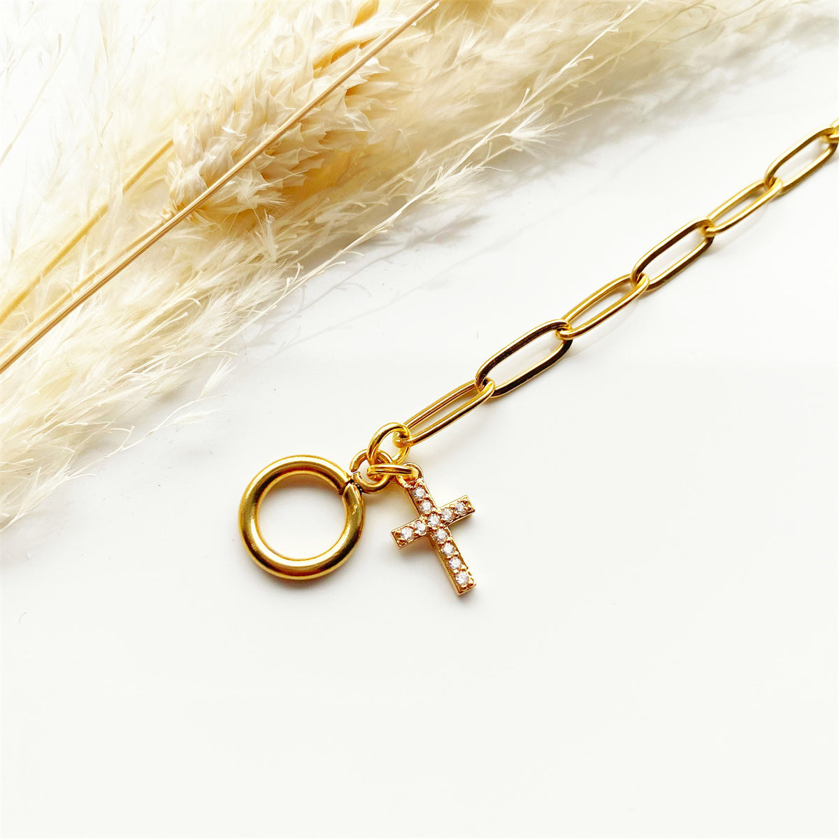 Ladies Minimalist Gemstone Cross Charm 316L Steel Gold Link Chain T-Bar Bracelet