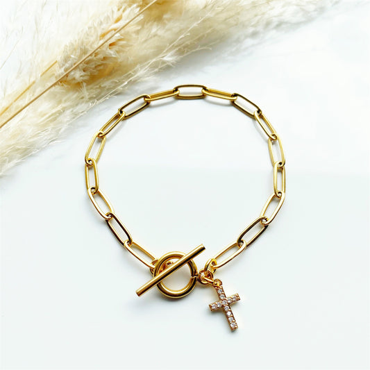Ladies Minimalist Gemstone Cross Charm 316L Steel Gold Link Chain T-Bar Bracelet