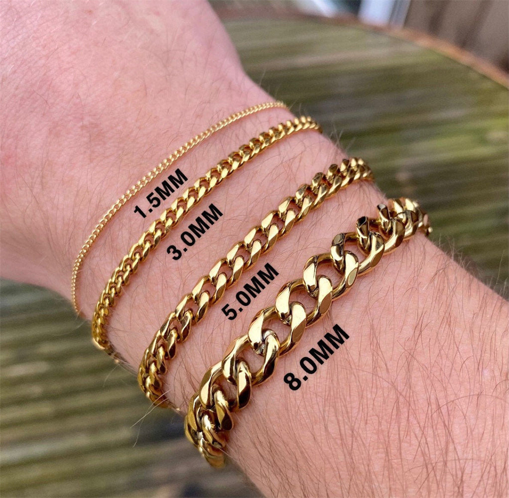 Different Width 316L Steel 18k Gold Plated Cuba Mens Bracelet Chain