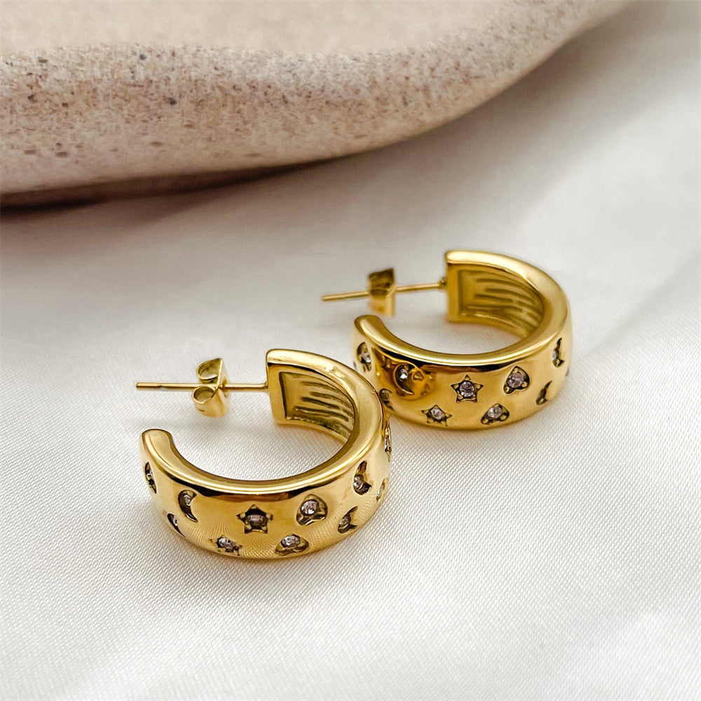 Multi Types C-Shaped Twisted Striped Zirconia 316L Steel Gold Stud Earrings