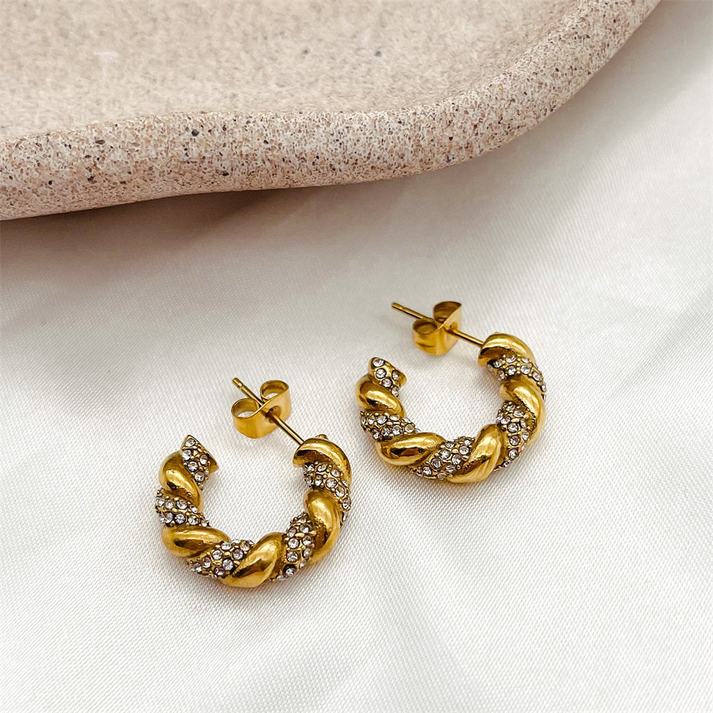 Multi Types C-Shaped Twisted Striped Zirconia 316L Steel Gold Stud Earrings