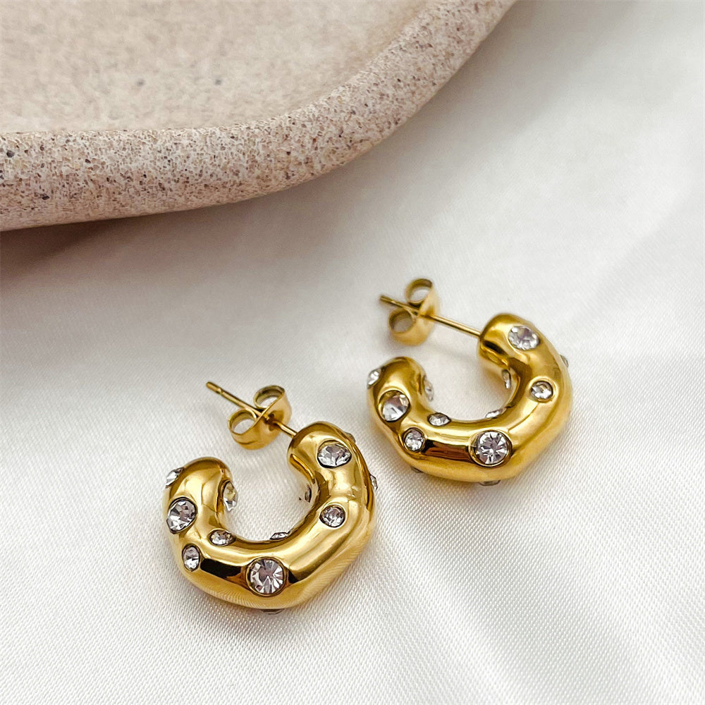 Multi Types C-Shaped Twisted Striped Zirconia 316L Steel Gold Stud Earrings