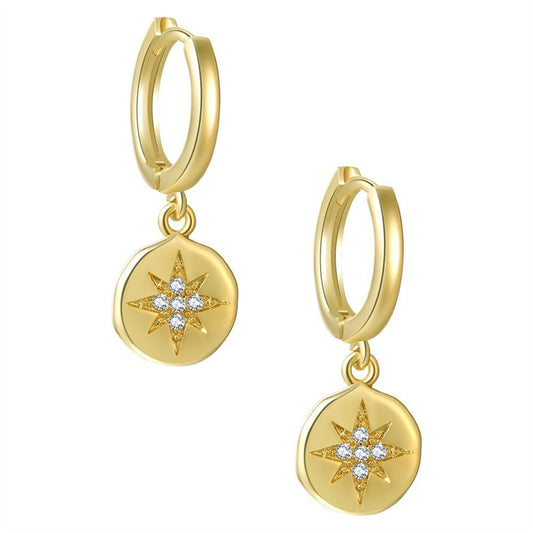Dainty Geometric Round Starburst Charm 5A Zirconia 925 Silver Huggie Hoop Earrings