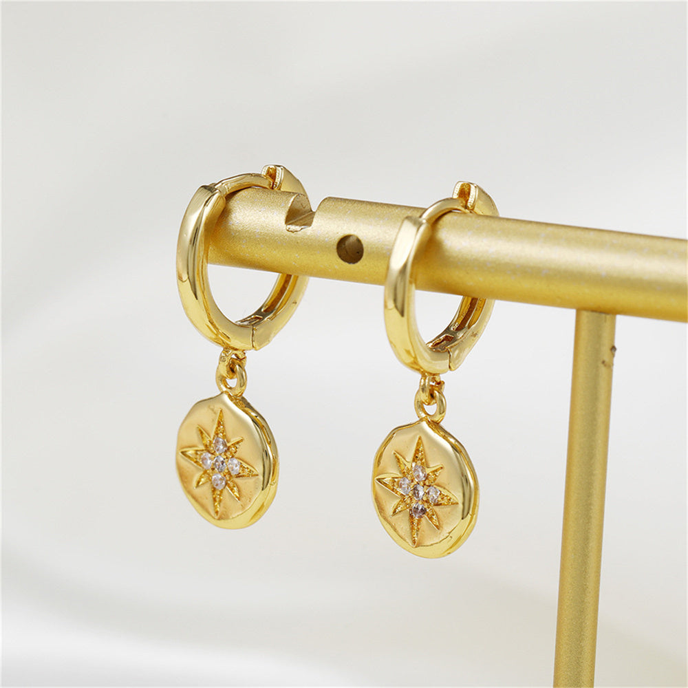 Dainty Geometric Round Starburst Charm 5A Zirconia 925 Silver Huggie Hoop Earrings