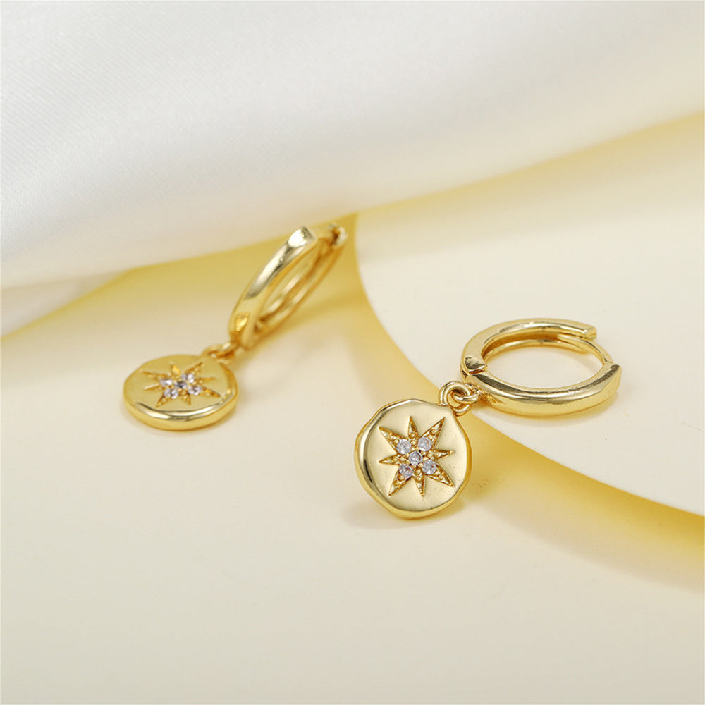 Dainty Geometric Round Starburst Charm 5A Zirconia 925 Silver Huggie Hoop Earrings