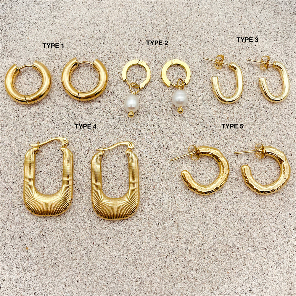 5pairs Different Designs Geometric Stainless Steel Pearl Gemstone Huggie Stud Earrings