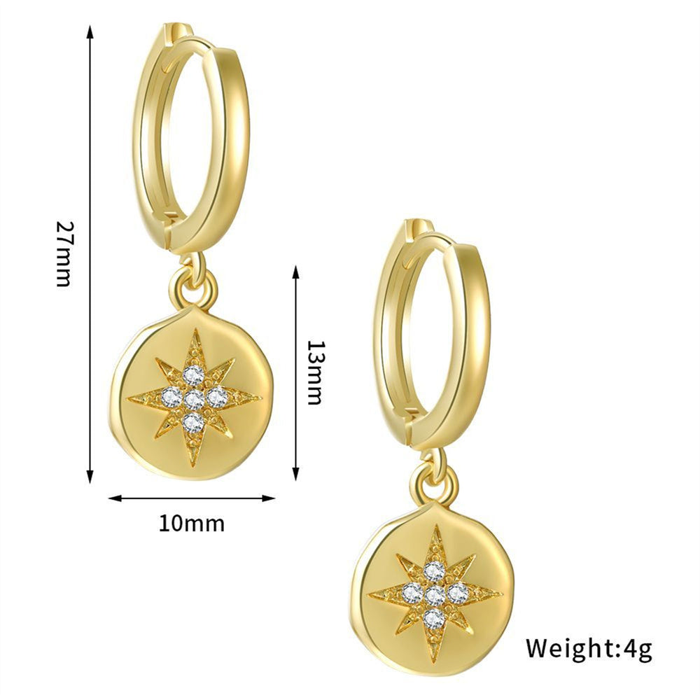 Dainty Geometric Round Starburst Charm 5A Zirconia 925 Silver Huggie Hoop Earrings
