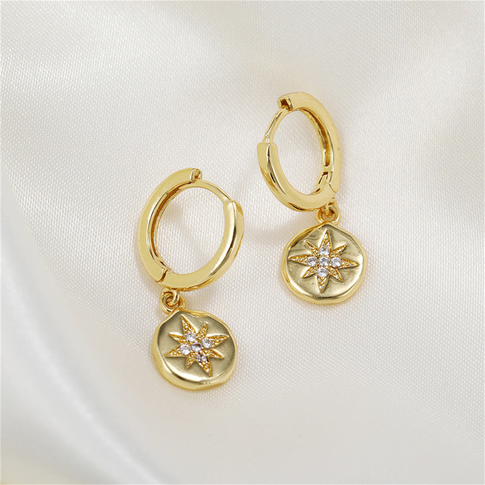 Dainty Geometric Round Starburst Charm 5A Zirconia 925 Silver Huggie Hoop Earrings
