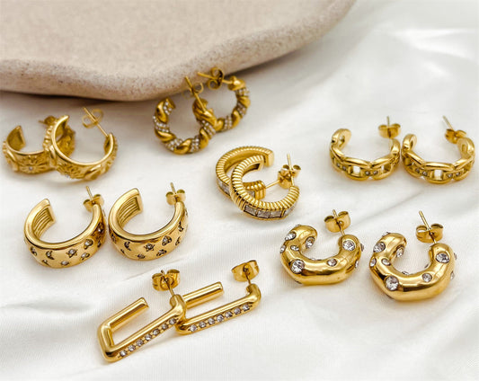 Multi Types C-Shaped Twisted Striped Zirconia 316L Steel Gold Stud Earrings