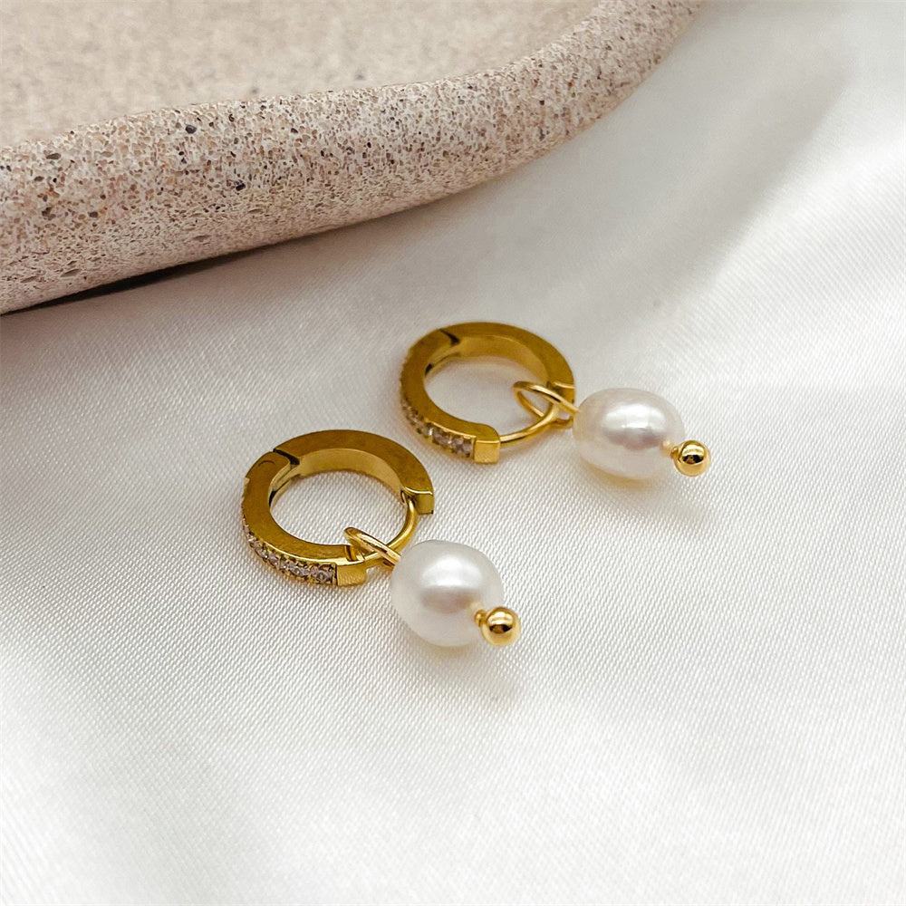 5pairs Different Designs Geometric Stainless Steel Pearl Gemstone Huggie Stud Earrings