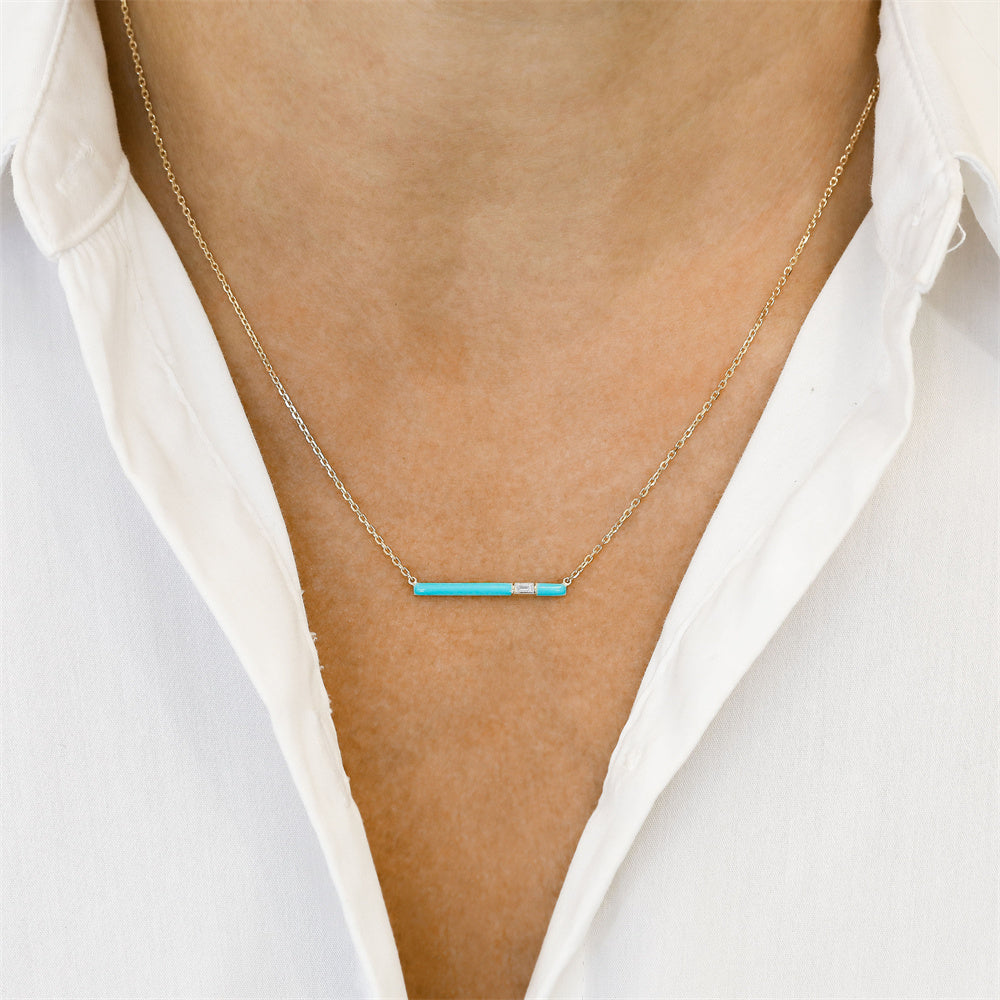 Adjustable S925 Silver Chain Diamond With Turquoise Enamel Bar Necklace