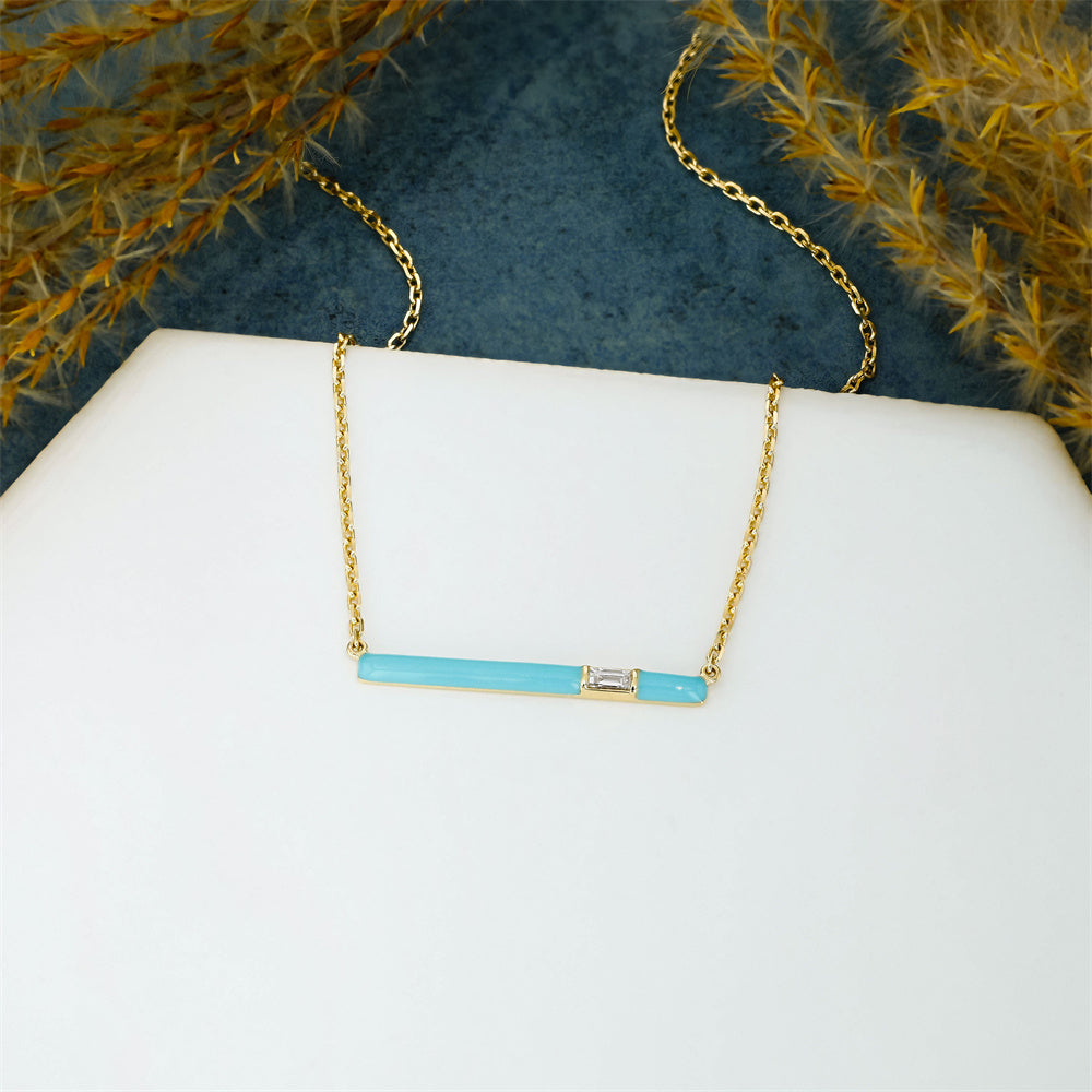 Adjustable S925 Silver Chain Diamond With Turquoise Enamel Bar Necklace