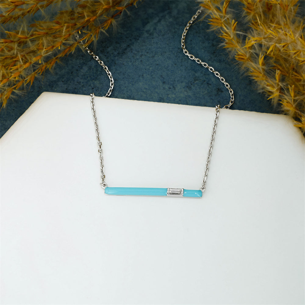 Adjustable S925 Silver Chain Diamond With Turquoise Enamel Bar Necklace