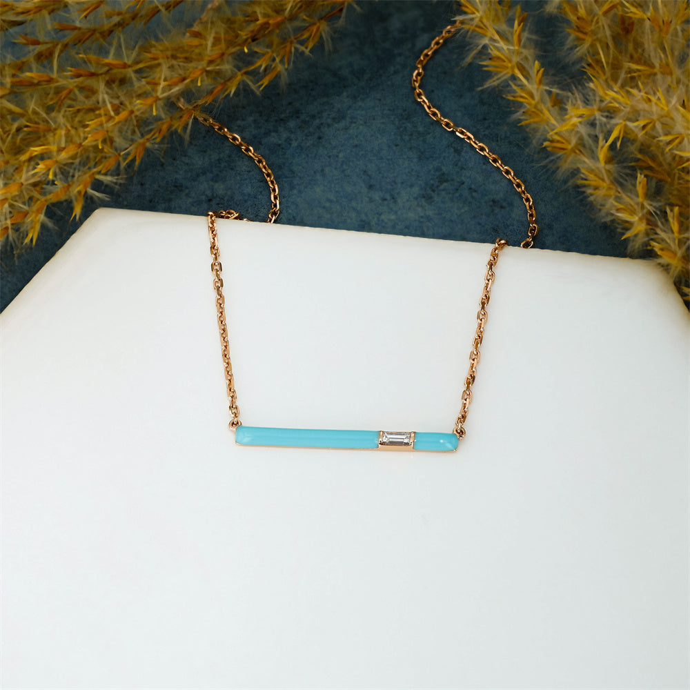 Adjustable S925 Silver Chain Diamond With Turquoise Enamel Bar Necklace