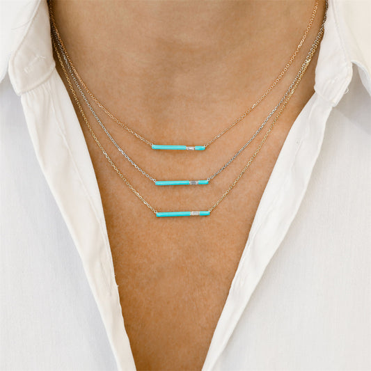 Adjustable S925 Silver Chain Diamond With Turquoise Enamel Bar Necklace