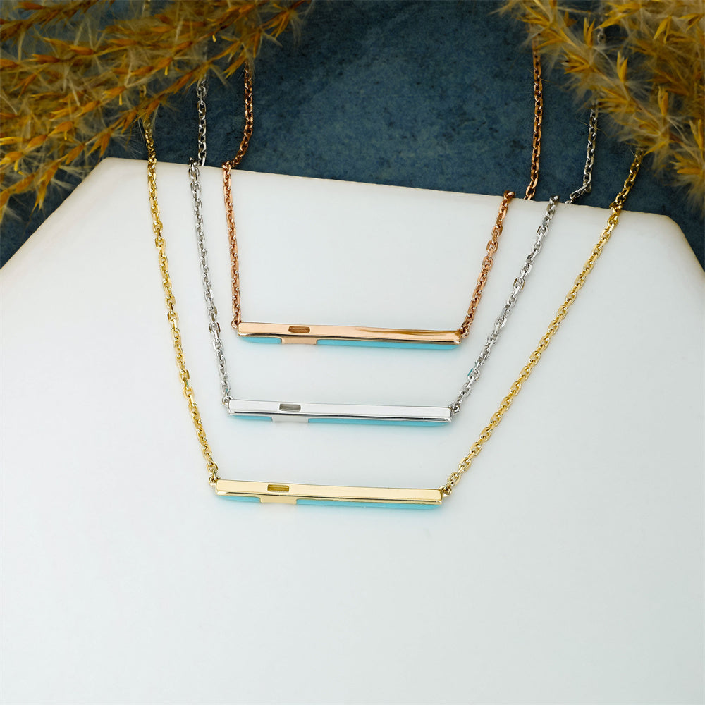 Adjustable S925 Silver Chain Diamond With Turquoise Enamel Bar Necklace