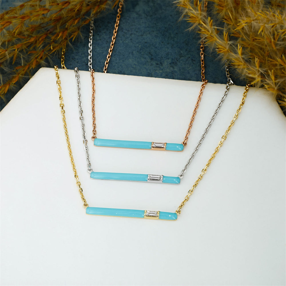 Adjustable S925 Silver Chain Diamond With Turquoise Enamel Bar Necklace