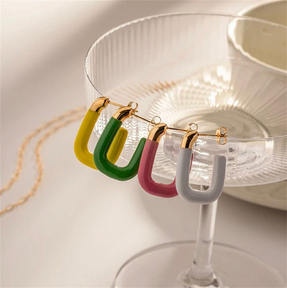 Summer Bright Colorful Statement 18k Gold Plated S925 Silver Enamel Hoop Earrings