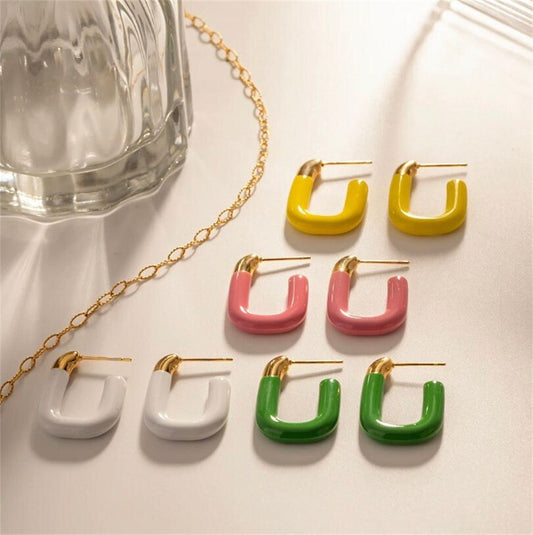 Summer Bright Colorful Statement 18k Gold Plated S925 Silver Enamel Hoop Earrings