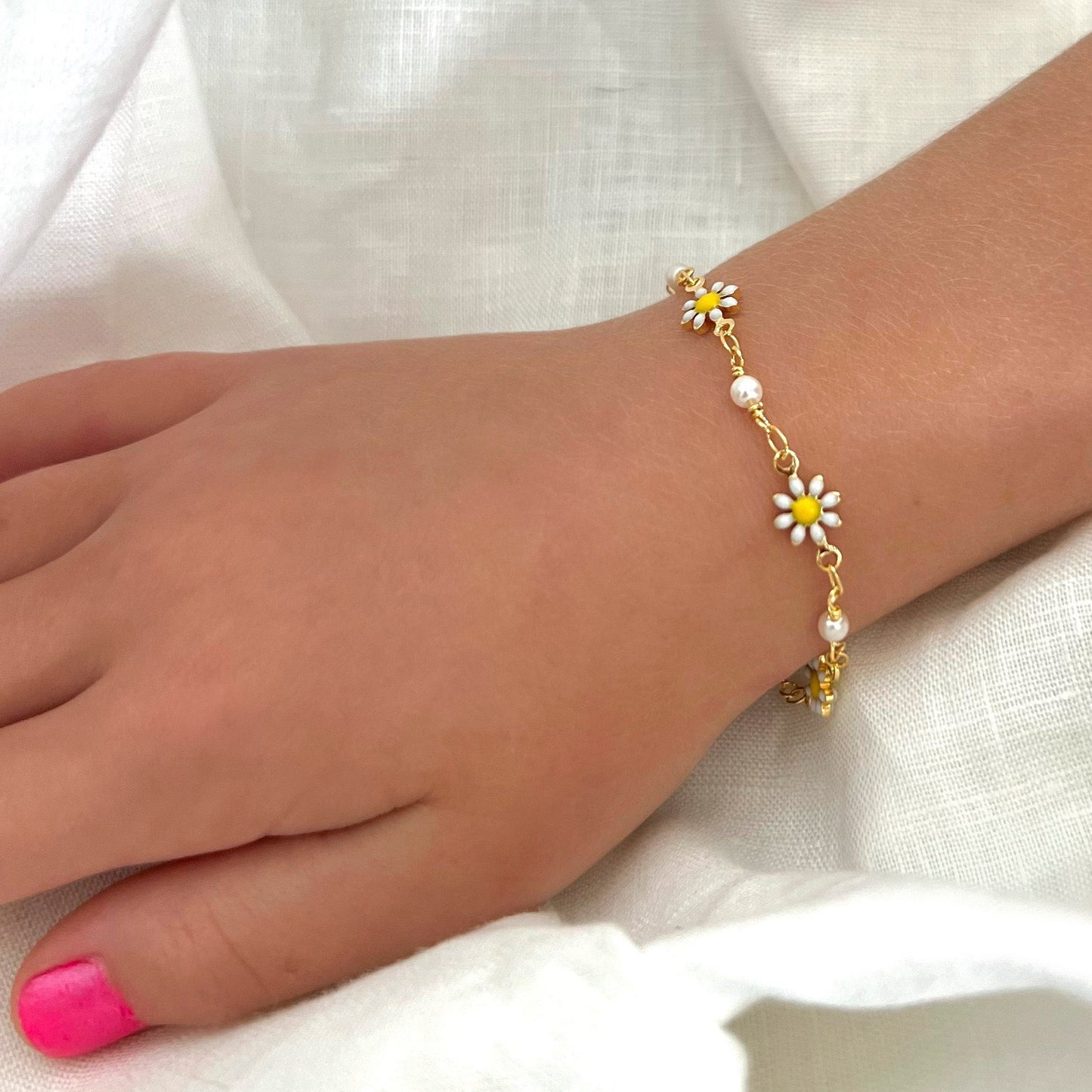 Kids Cute Gold Daisy Flowers Charm 925 Sterling Silver Link Chain Bracelet for Girls