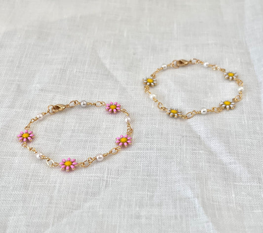 Kids Cute Gold Daisy Flowers Charm 925 Sterling Silver Link Chain Bracelet for Girls