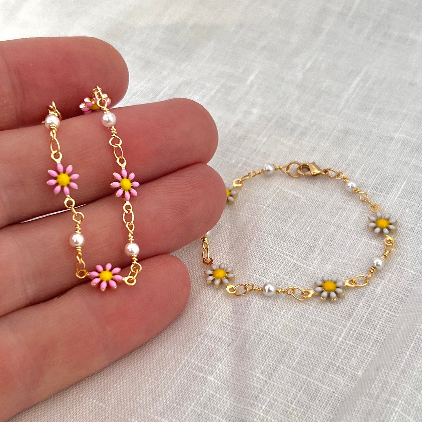 Kids Cute Gold Daisy Flowers Charm 925 Sterling Silver Link Chain Bracelet for Girls