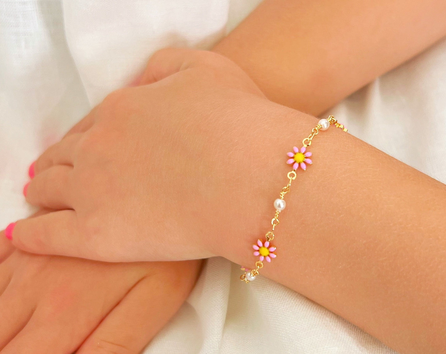 Kids Cute Gold Daisy Flowers Charm 925 Sterling Silver Link Chain Bracelet for Girls