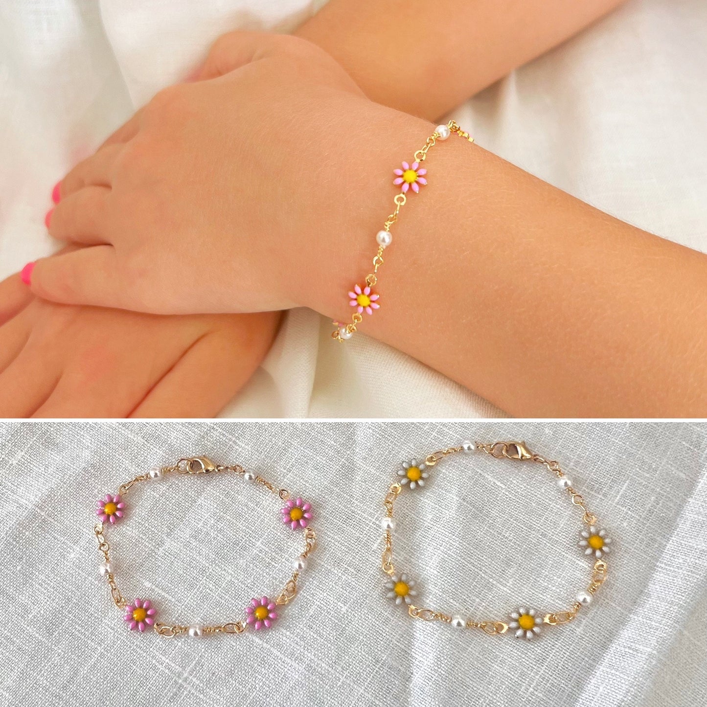 Kids Cute Gold Daisy Flowers Charm 925 Sterling Silver Link Chain Bracelet for Girls