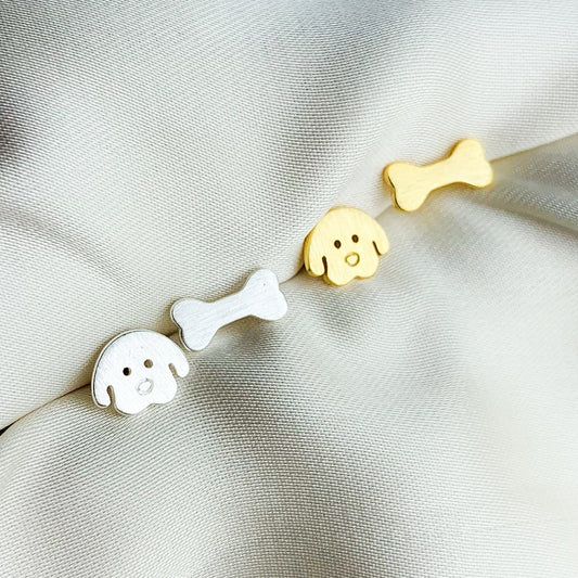 Cute Animal Dog and Bone Design 18K Gold Plated 925 Sterling Silver Kids Stud Earrings