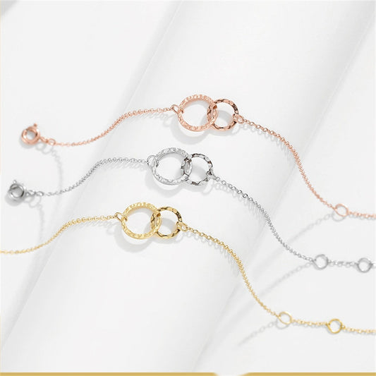 S925 Silver Geometric Interlocking Double Ring Circles Charm Chain Bracelet