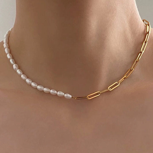 3mm Freshwater Pearl 316L Steel Chain Splicing Choker Necklace For Ladies