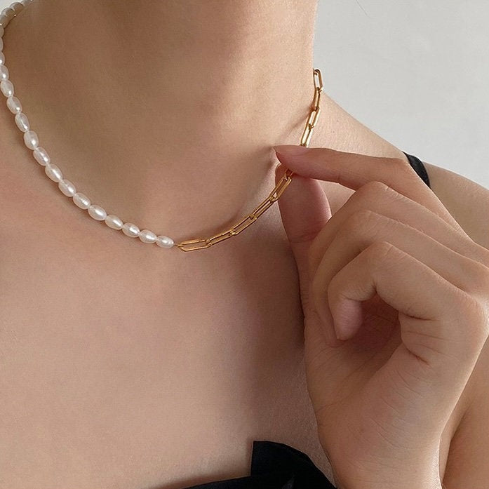 3mm Freshwater Pearl 316L Steel Chain Splicing Choker Necklace For Ladies