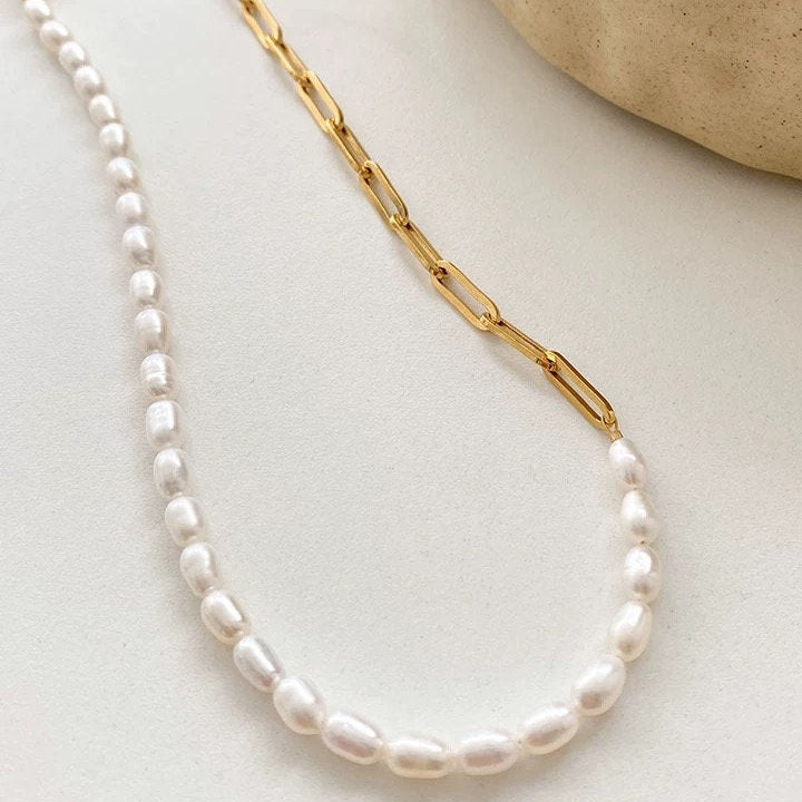 3mm Freshwater Pearl 316L Steel Chain Splicing Choker Necklace For Ladies