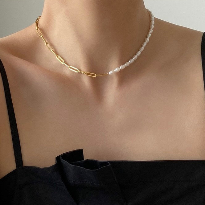 3mm Freshwater Pearl 316L Steel Chain Splicing Choker Necklace For Ladies