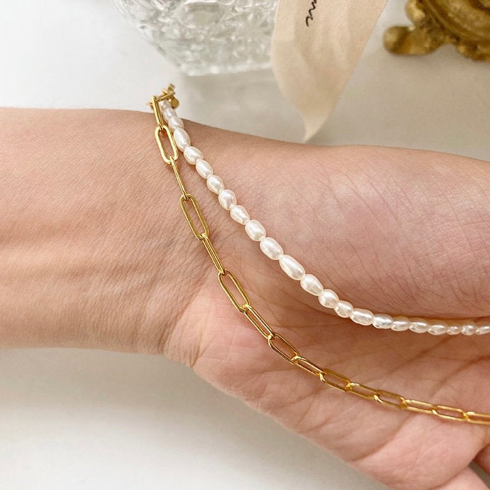 3mm Freshwater Pearl 316L Steel Chain Splicing Choker Necklace For Ladies