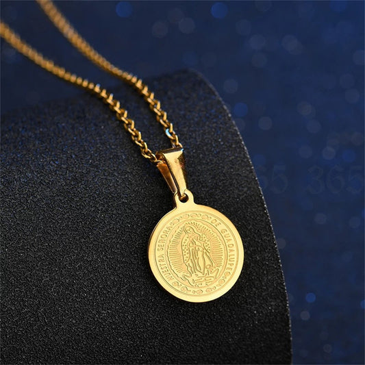 Cuban Style Mens 18K Gold Plated Stainless Steel Coin Pendant Necklace
